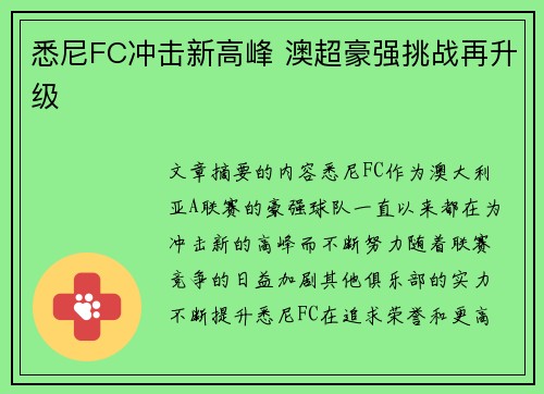 悉尼FC冲击新高峰 澳超豪强挑战再升级