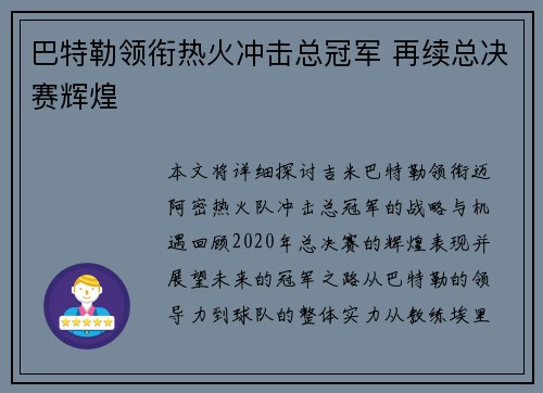 巴特勒领衔热火冲击总冠军 再续总决赛辉煌